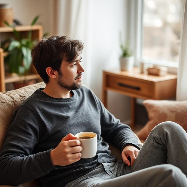 A person enjoying a cup of coffee at home.