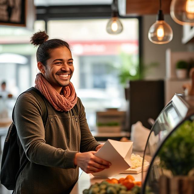A smiling customer receiving their order.