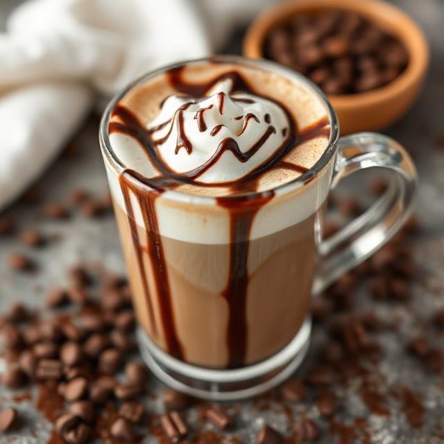A decadent mocha coffee with chocolate drizzle